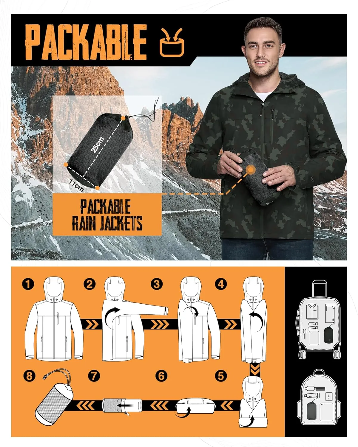33,000ft Men's Packable Rain Jacket Lightweight Rain Shell Jacket with Hood Waterproof Raincoat for Cycling