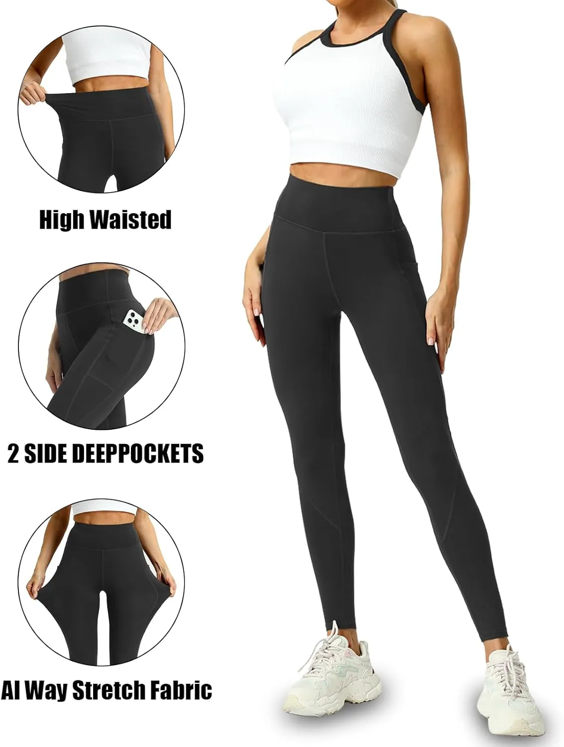 4 Pack Leggings with Pockets for Women - Soft High Waisted Tummy Control Workout Yoga Pants