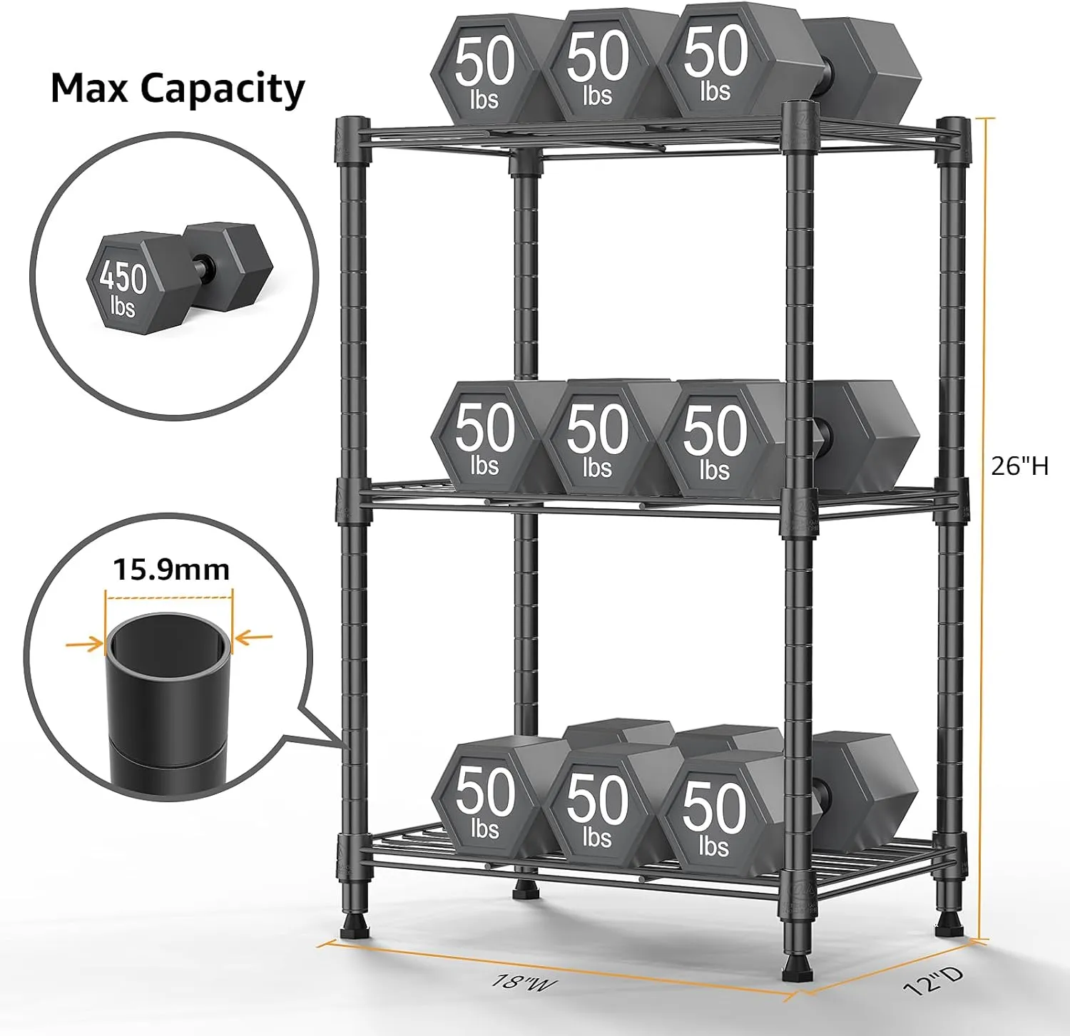450 lbs Steel Storage Shelving 3-Tier Utility Shelving Unit Steel Organizer Wire Rack for Home,Kitchen,Office (11.8" D x 17.7" W x 26.3" H)