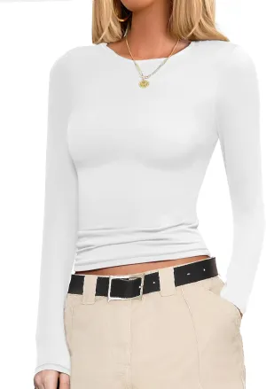 Ekouaer Womens Long Sleeve Shirts Fitted Tops Stretchy Base Layer Tight Basic Thermal Undershirt XS-XXL