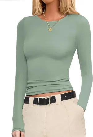 Ekouaer Womens Long Sleeve Shirts Fitted Tops Stretchy Base Layer Tight Basic Thermal Undershirt XS-XXL