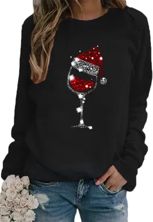 GRASWE Lady Casual Round neck Sweatshirt Christmas GlassLong Sleeve Shirts Loose Soft Pullover Shirts