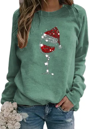 GRASWE Lady Casual Round neck Sweatshirt Christmas GlassLong Sleeve Shirts Loose Soft Pullover Shirts