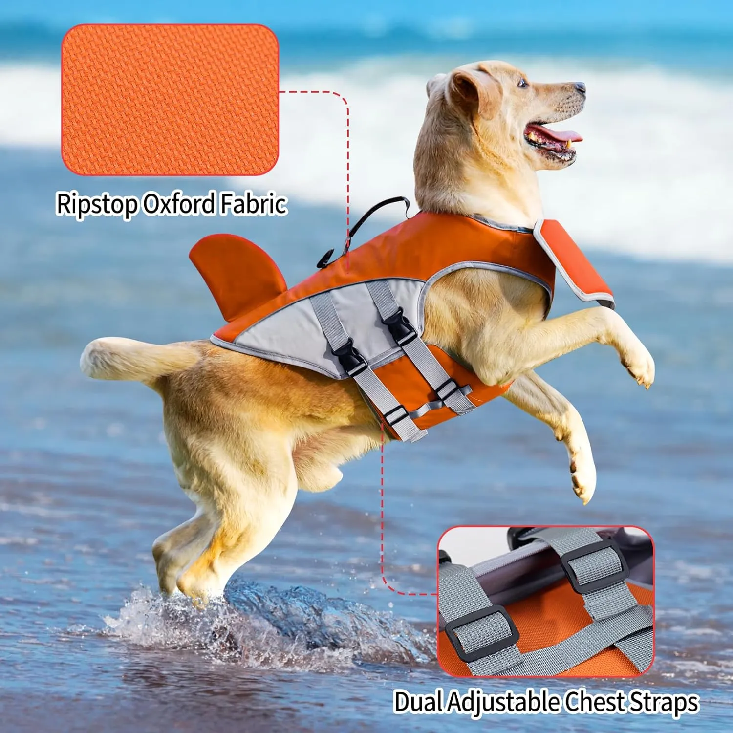 HEYWEAN Dog Life Jacket for Swimming Boating High Buoyancy Adjustable Dog Life Vest with Reflective Strips Rescue Handle Secure Fit Floating Swim Vest for Small Medium Large Dogs (Orange, Large)