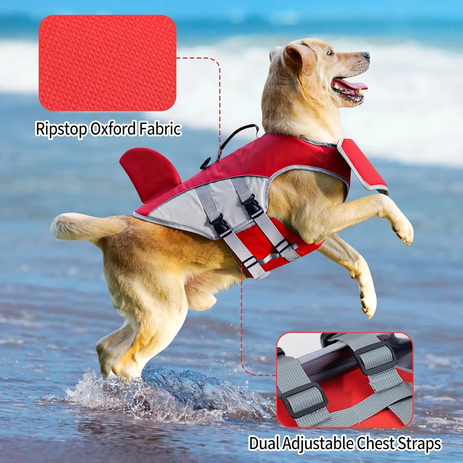 HEYWEAN Dog Life Jacket for Swimming Boating High Buoyancy Adjustable Dog Life Vest with Reflective Strips Rescue Handle Secure Fit Floating Swim Vest for Small Medium Large Dogs (Red, Large)