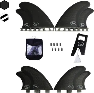 Ho Stevie! Quad (4) Surfboard Fins - High Performance HexCore - Built for Speed and Drive - [Choose Base] with Fin Key, Screws, Wax Comb and Travel Case