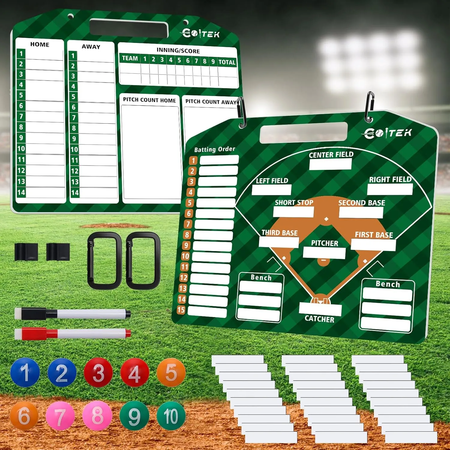 Magnetic Baseball Lineup Board, Baseball Coach Clipboard for Dugout Softball, Baseball Coaching Dry Erase Board with 2 Strong Clips, 30 Lineup Cards, 2 Marker, 10 Player Number