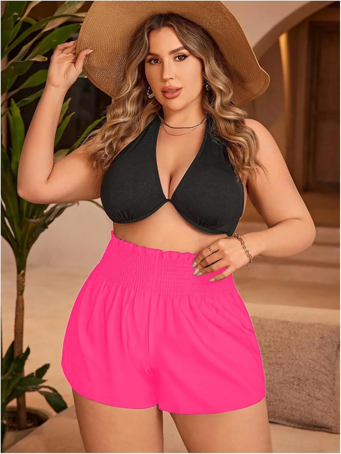 MakeMeChic Women's Plus Size Swim Shorts Ruffle High Waist Swimsuit Shorts Tankini Bottom