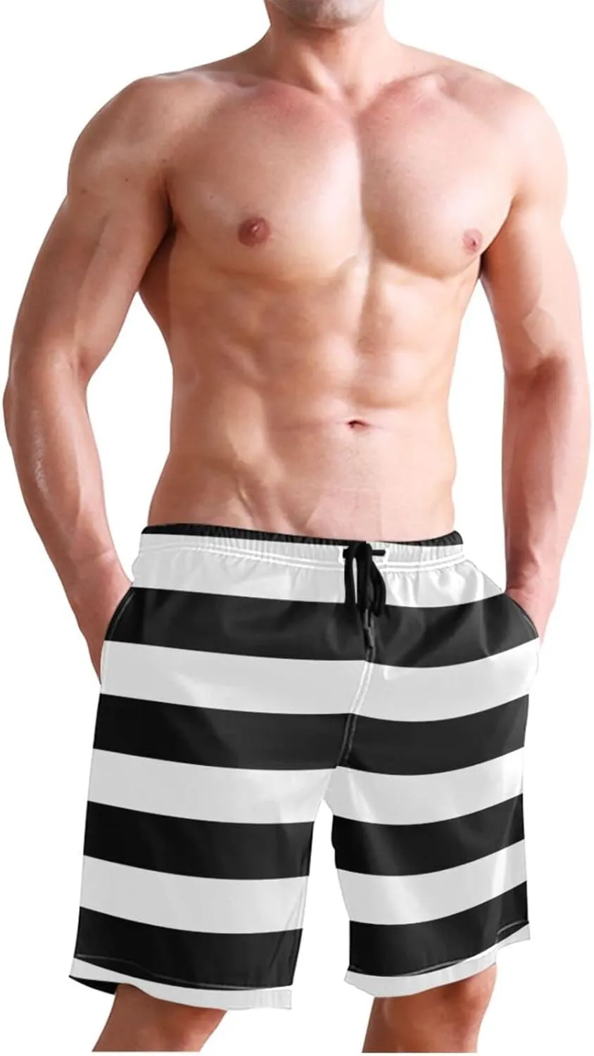 Men's Quick Dry Swim Trunks with Pockets Red and White Striped Beach Swimwear Board Shorts