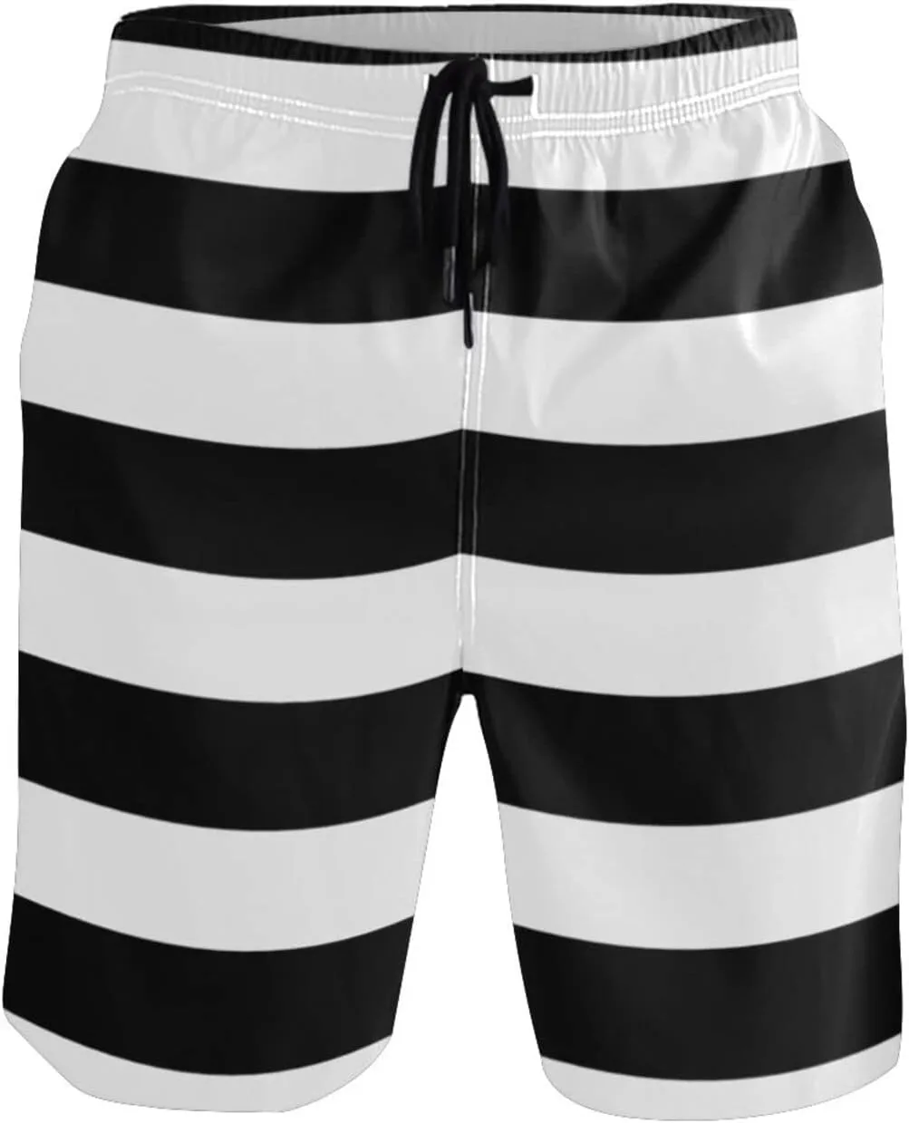 Men's Quick Dry Swim Trunks with Pockets Red and White Striped Beach Swimwear Board Shorts