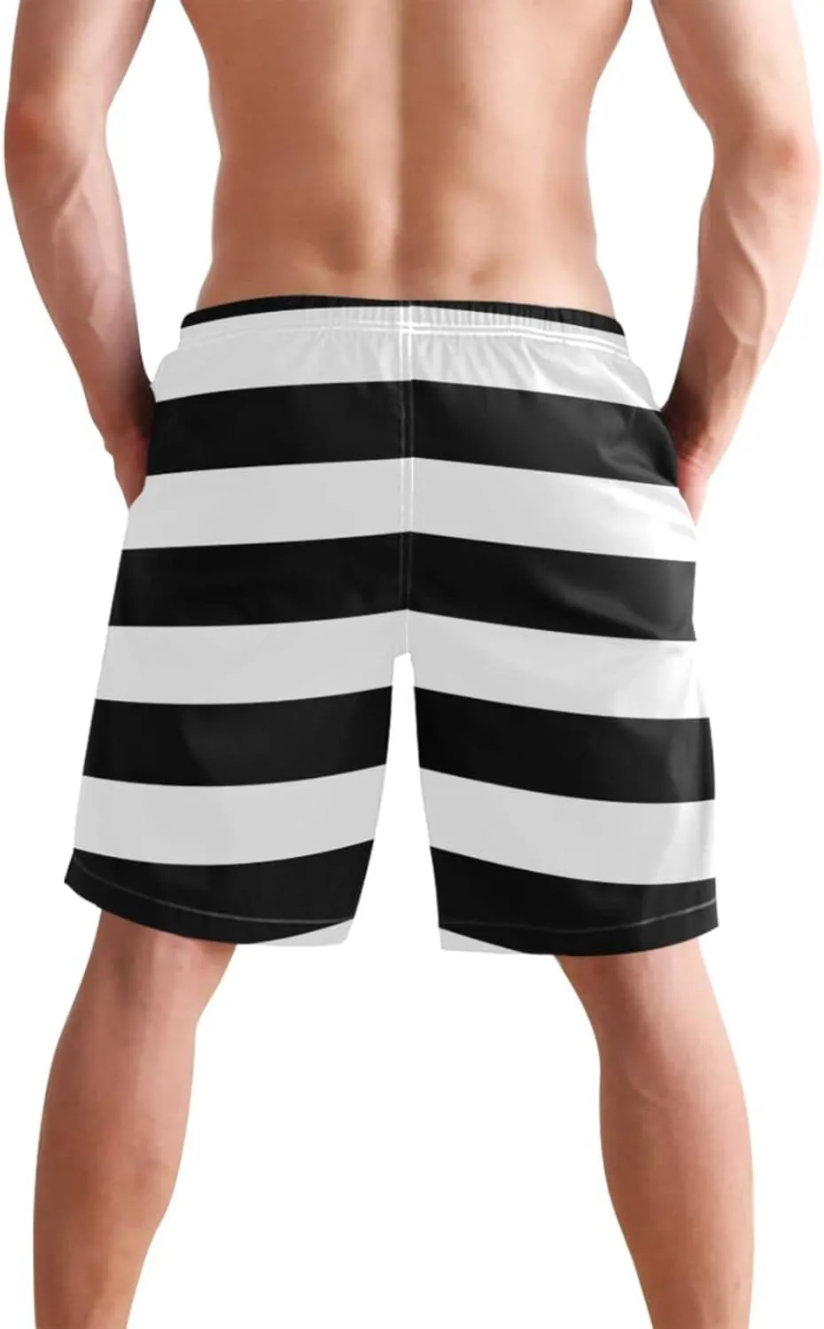 Men's Quick Dry Swim Trunks with Pockets Red and White Striped Beach Swimwear Board Shorts