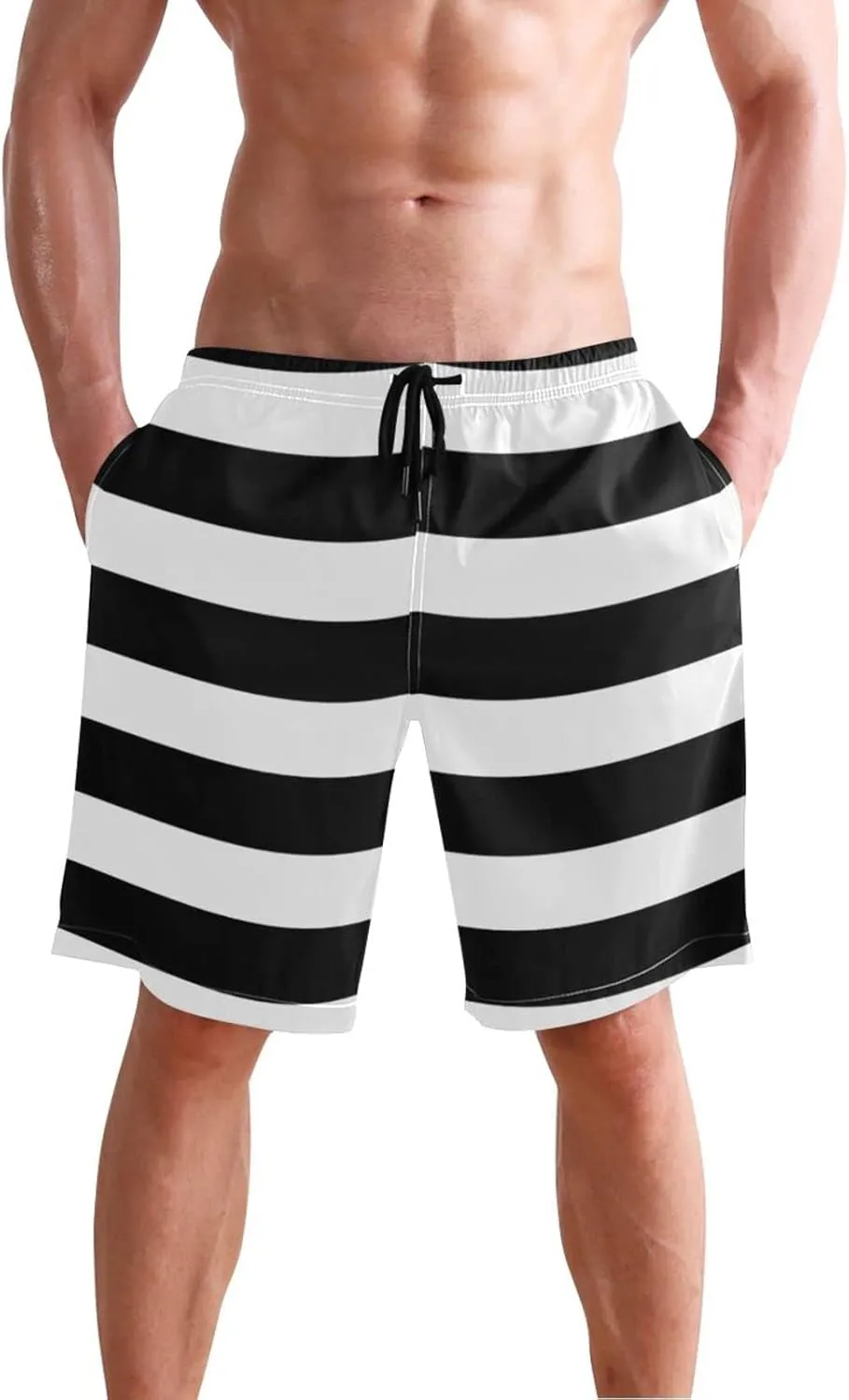 Men's Quick Dry Swim Trunks with Pockets Red and White Striped Beach Swimwear Board Shorts