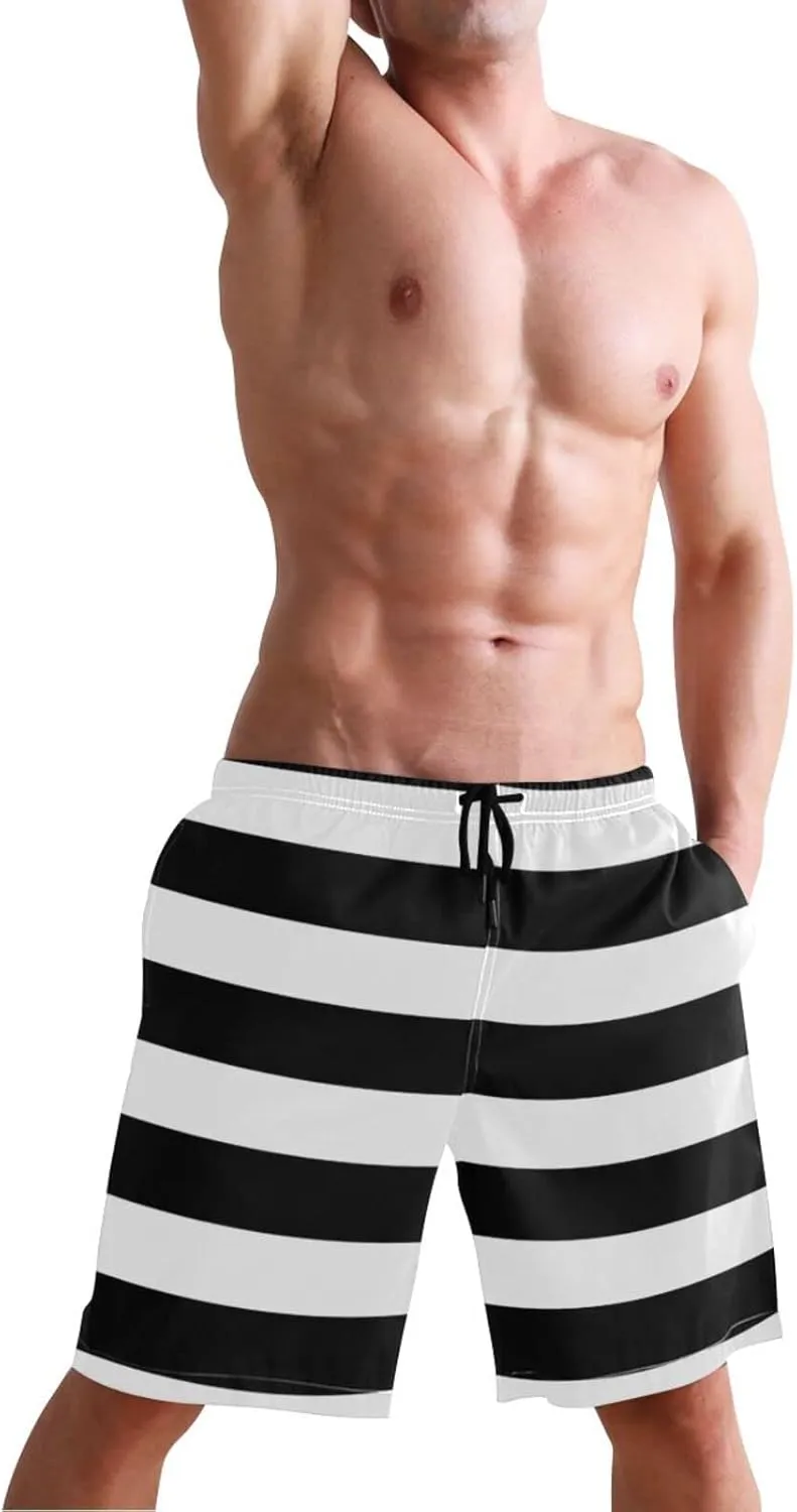 Men's Quick Dry Swim Trunks with Pockets Red and White Striped Beach Swimwear Board Shorts