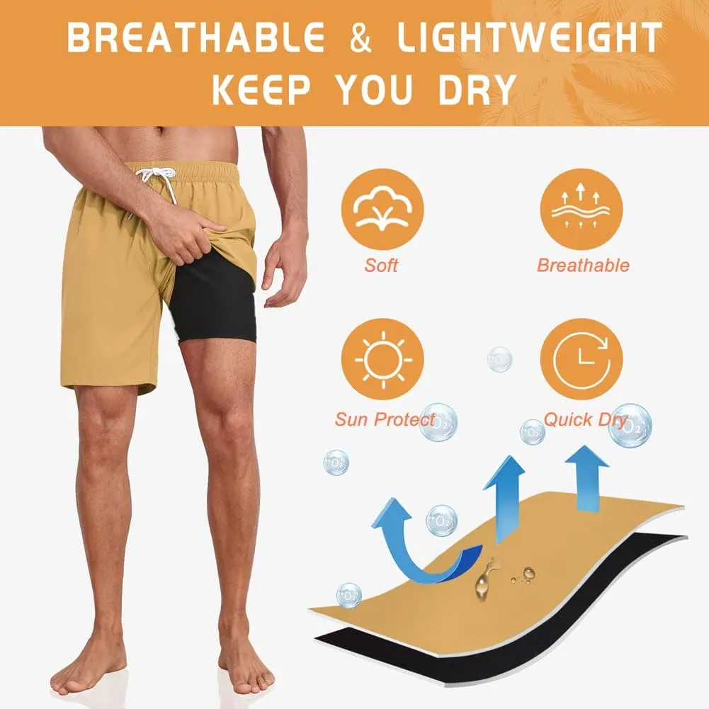 Nonwe Mens Swim Trunks with Compression Liner Quick Dry Hawaiian Bathing Suits 2 in 1 Board Shorts with Pockets