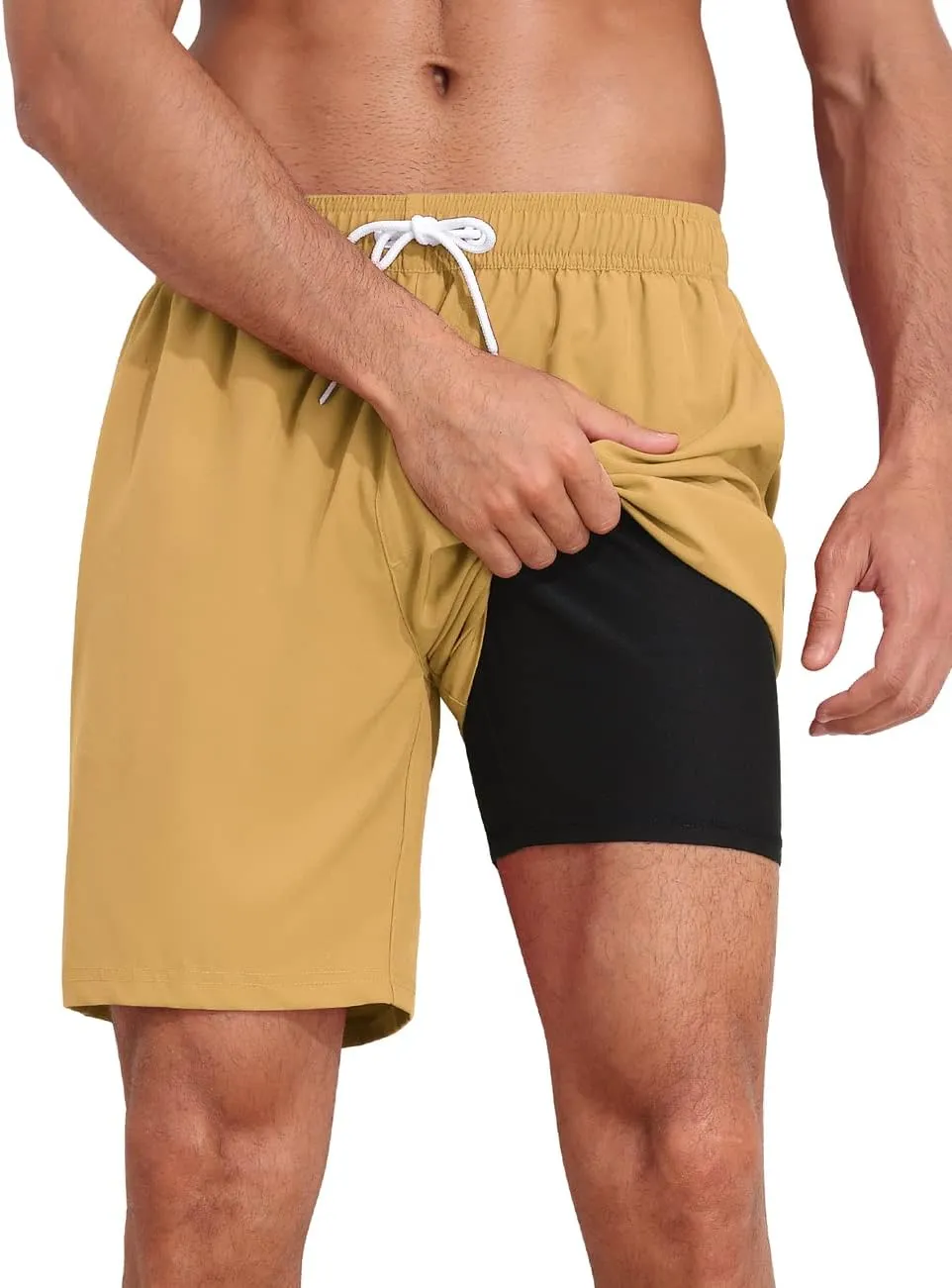 Nonwe Mens Swim Trunks with Compression Liner Quick Dry Hawaiian Bathing Suits 2 in 1 Board Shorts with Pockets