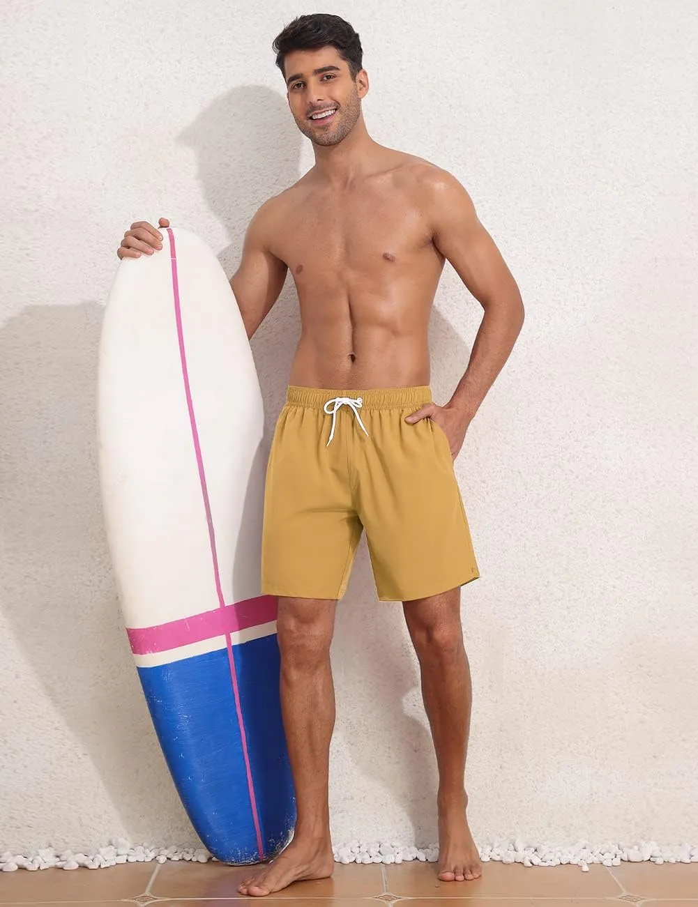 Nonwe Mens Swim Trunks with Compression Liner Quick Dry Hawaiian Bathing Suits 2 in 1 Board Shorts with Pockets