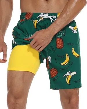 Nonwe Mens Swim Trunks with Compression Liner Quick Dry Hawaiian Bathing Suits 2 in 1 Board Shorts with Pockets