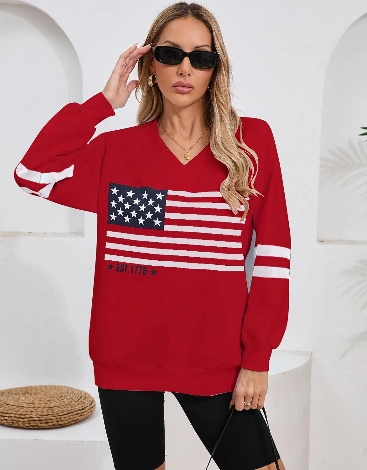 Women's Long Sleeve V Neck Colorblock Sweatshirts Loose Casual Patriotic flag Pullover Shirt
