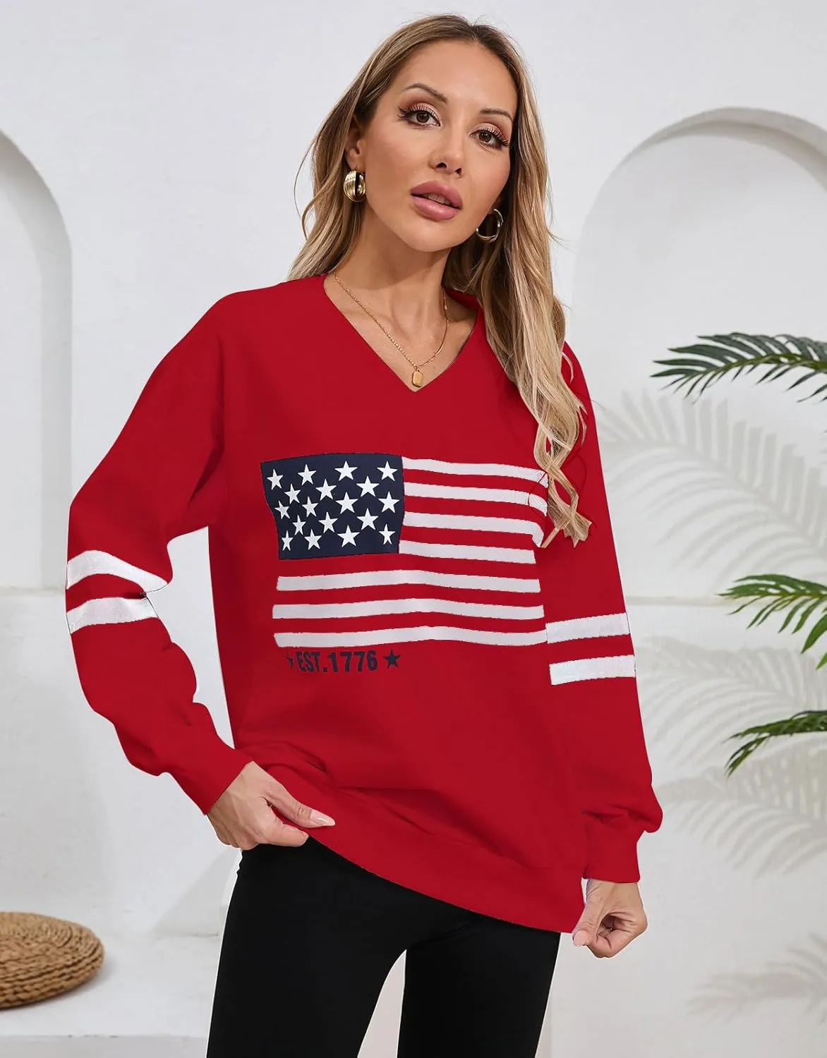 Women's Long Sleeve V Neck Colorblock Sweatshirts Loose Casual Patriotic flag Pullover Shirt