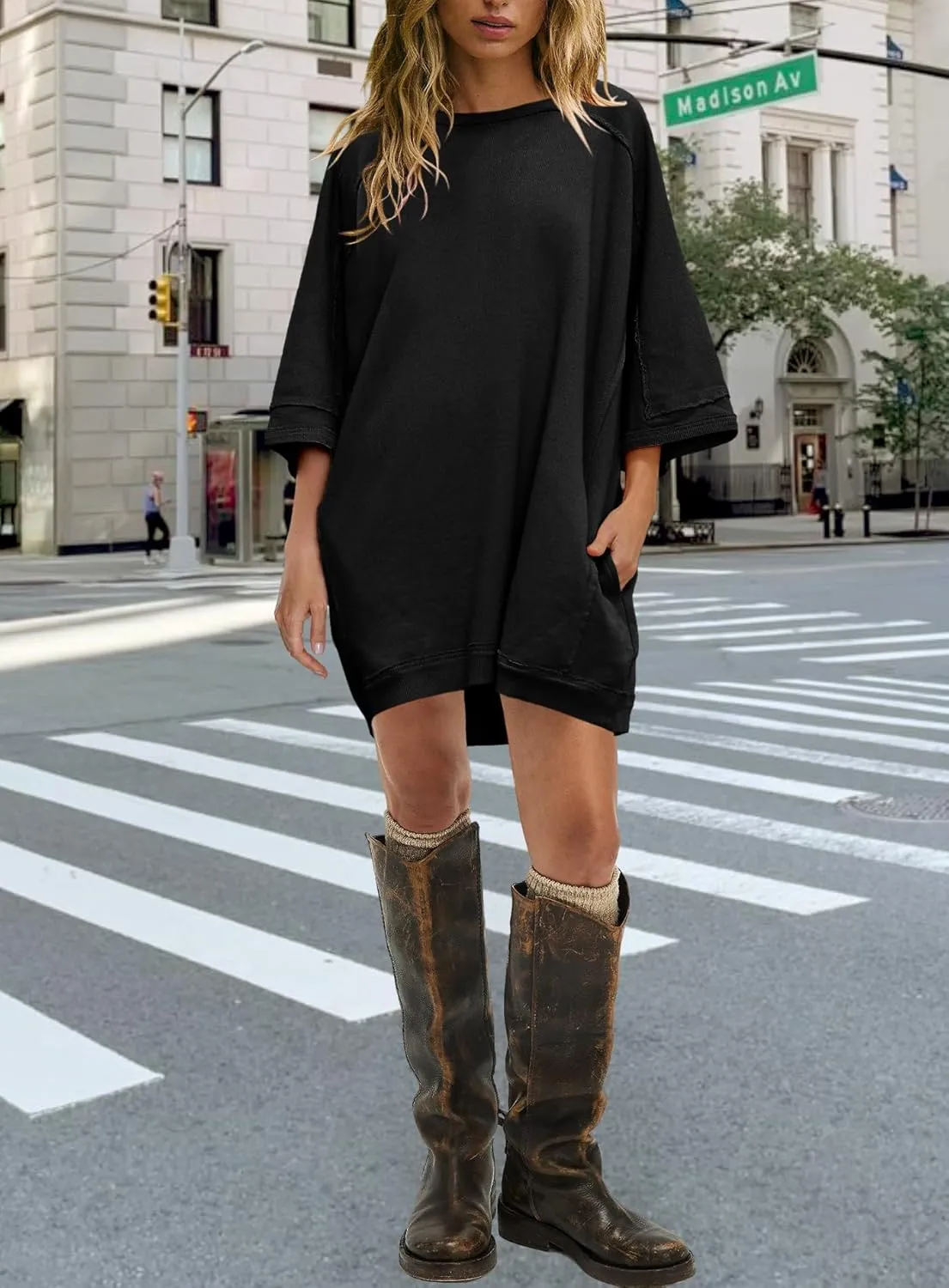 Yanekop Womens Tunic Sweatshirt Dress Oversized Long Sweatshirts Crewneck Half Sleeve Pullover Tops Spring Outfits