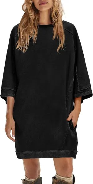 Yanekop Womens Tunic Sweatshirt Dress Oversized Long Sweatshirts Crewneck Half Sleeve Pullover Tops Spring Outfits