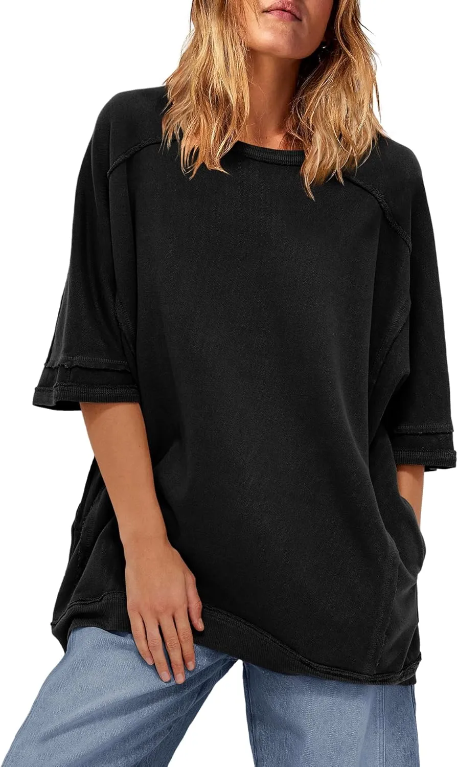 Yanekop Womens Tunic Sweatshirt Dress Oversized Long Sweatshirts Crewneck Half Sleeve Pullover Tops Spring Outfits