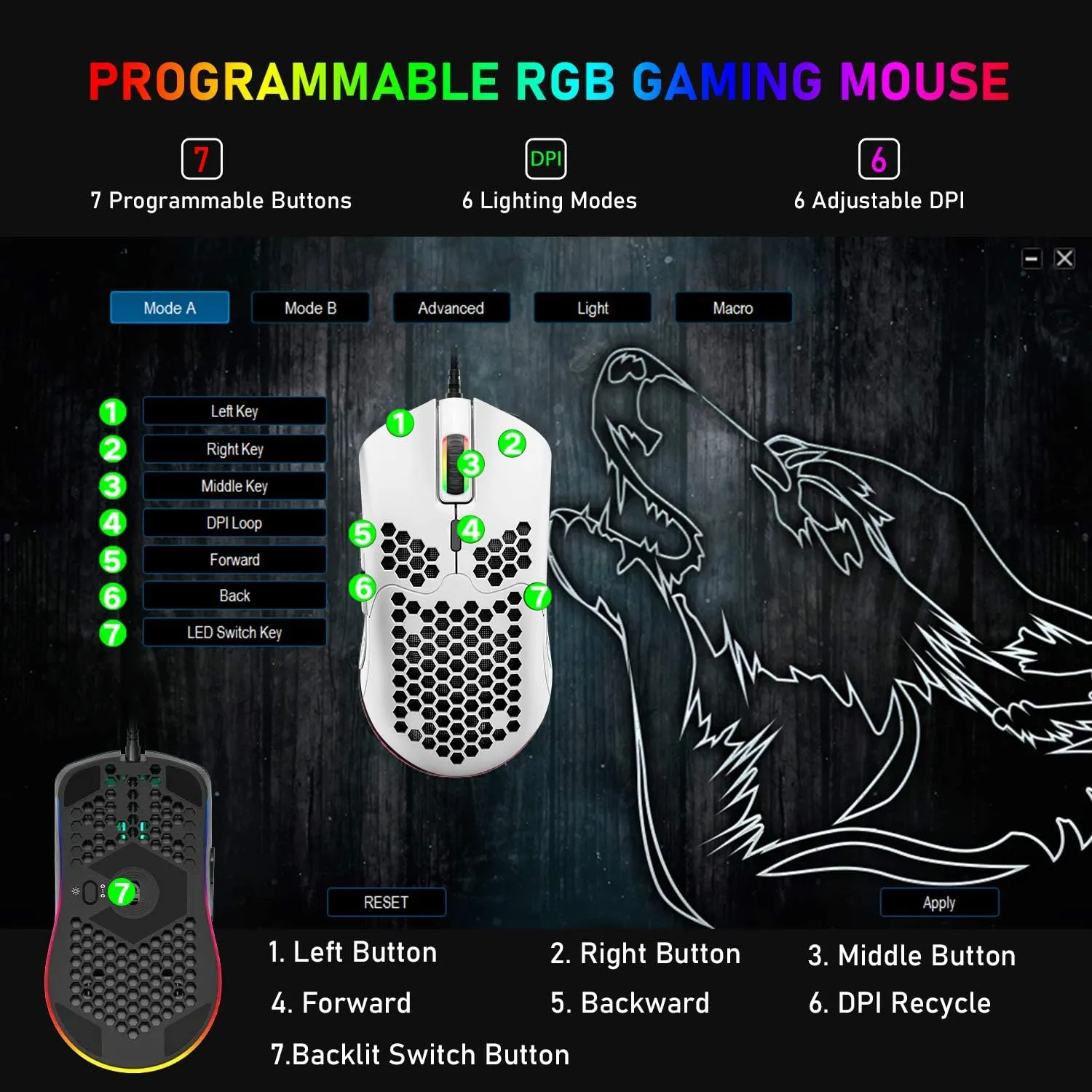ZIYOU LANG Wired Lightweight Gaming Mouse, 6 RGB Backlit Mouse with 7 Programmable Buttons, 6400DPI, Ultralight Honeycomb Shell, Ultraweave Cable, PC, Xbox, PS4 (White)