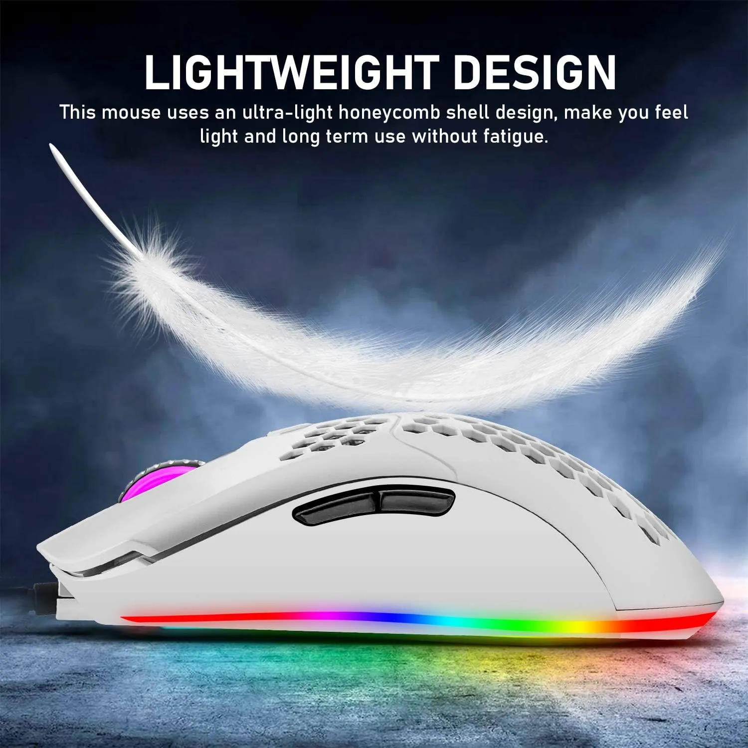 ZIYOU LANG Wired Lightweight Gaming Mouse, 6 RGB Backlit Mouse with 7 Programmable Buttons, 6400DPI, Ultralight Honeycomb Shell, Ultraweave Cable, PC, Xbox, PS4 (White)