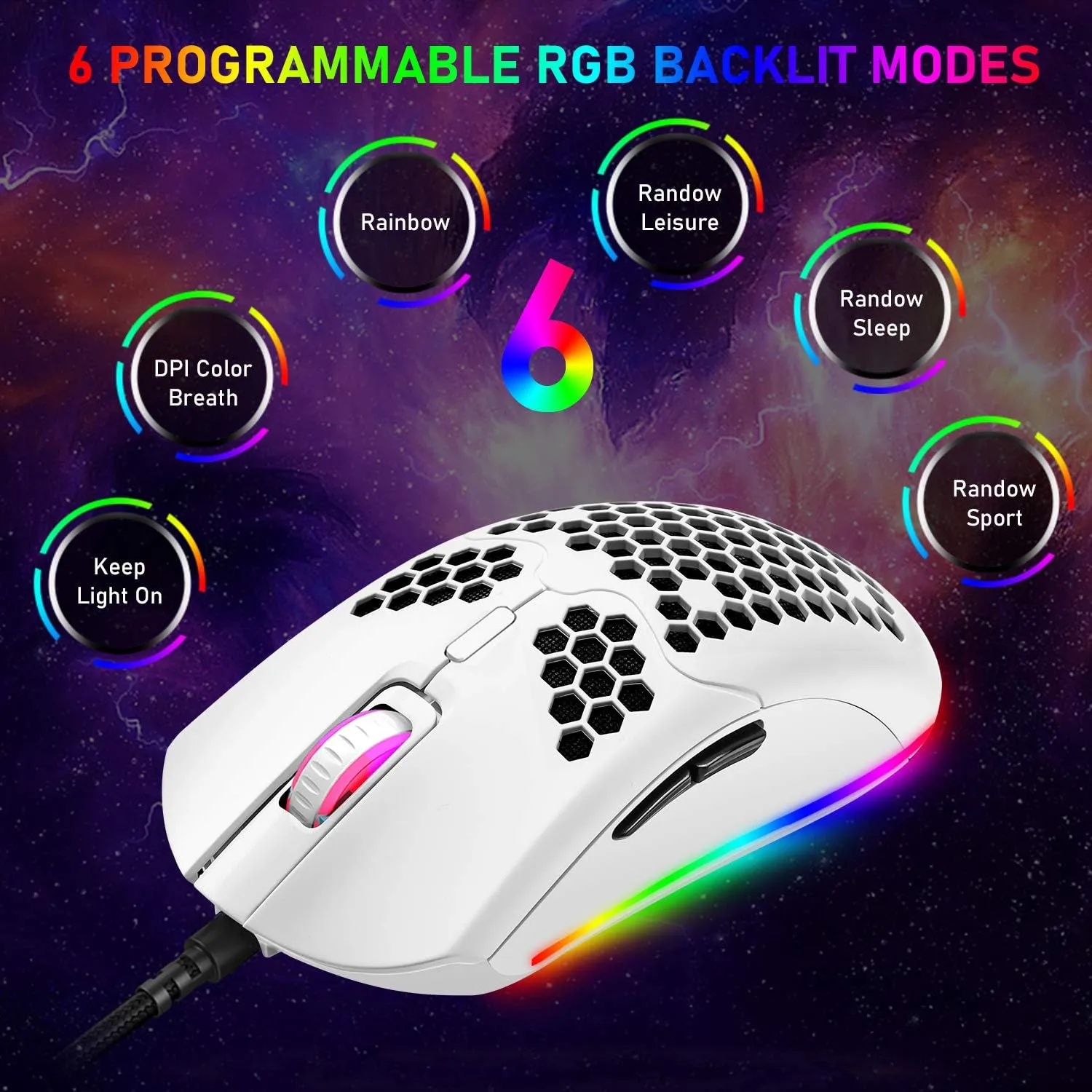 ZIYOU LANG Wired Lightweight Gaming Mouse, 6 RGB Backlit Mouse with 7 Programmable Buttons, 6400DPI, Ultralight Honeycomb Shell, Ultraweave Cable, PC, Xbox, PS4 (White)
