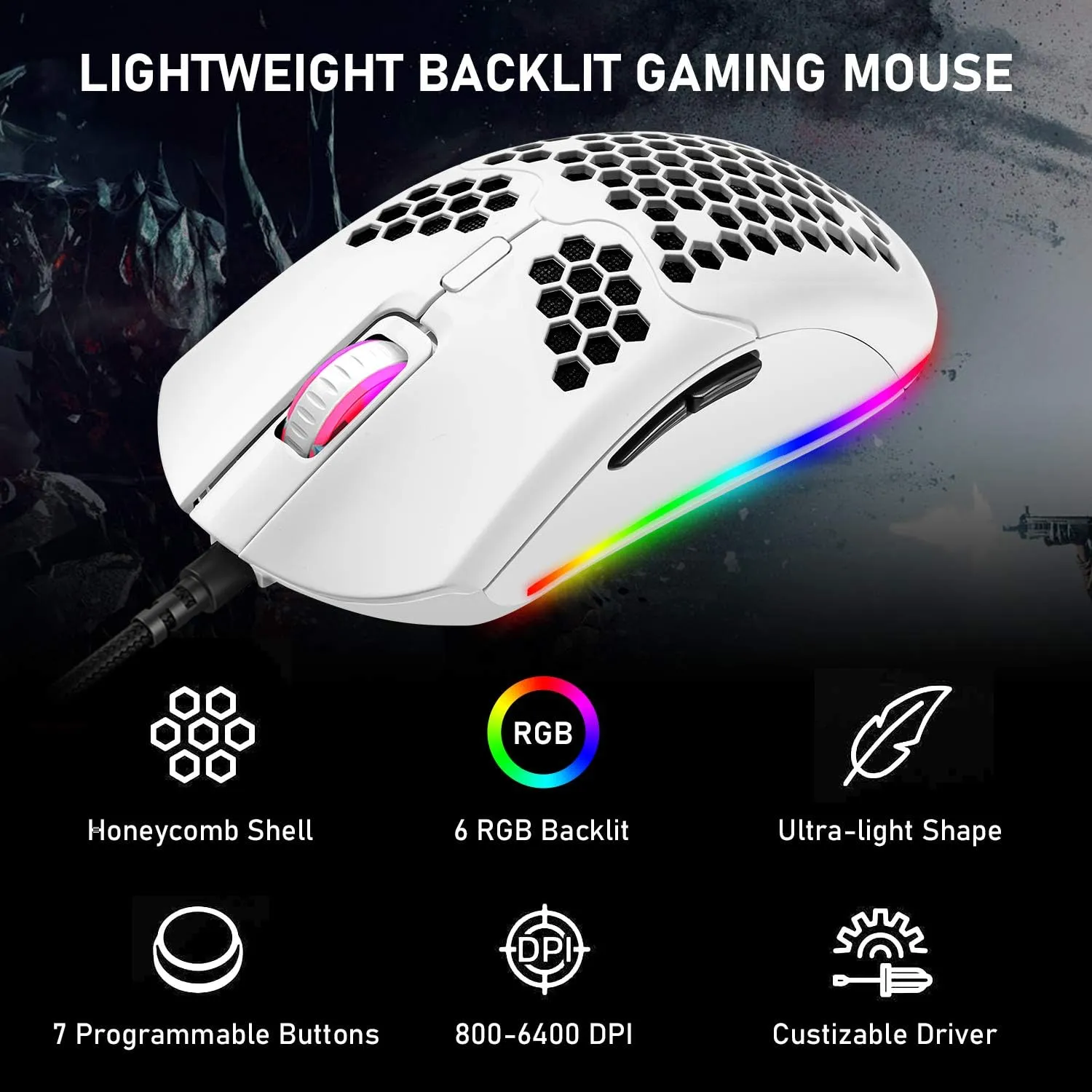 ZIYOU LANG Wired Lightweight Gaming Mouse, 6 RGB Backlit Mouse with 7 Programmable Buttons, 6400DPI, Ultralight Honeycomb Shell, Ultraweave Cable, PC, Xbox, PS4 (White)