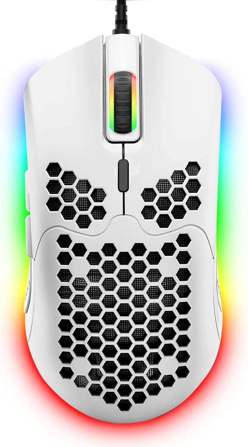 ZIYOU LANG Wired Lightweight Gaming Mouse, 6 RGB Backlit Mouse with 7 Programmable Buttons, 6400DPI, Ultralight Honeycomb Shell, Ultraweave Cable, PC, Xbox, PS4 (White)